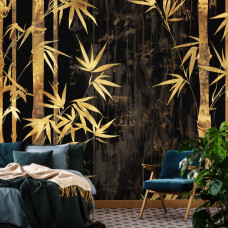 Een fotobehang van gouden bamboe in vliesbehangstijl voor een slaapkamer.
