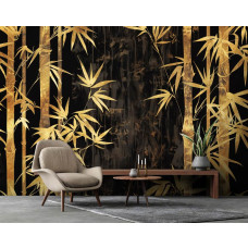Een fotobehang van gouden bamboe in vliesbehangstijl voor een woonkamer.