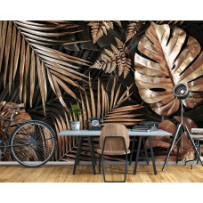 Een fotobehang met gouden bladeren en botanische jungle-elementen, perfect voor een kantoorruimte.