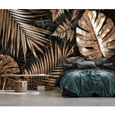 Een elegant jungle-fotobehang met gouden bladeren en botanische accenten voor de slaapkamer.
