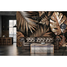 Een fotobehang met glanzende gouden bladeren in een botanisch jungle-ontwerp voor de woonkamer.