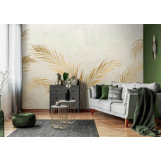 Een fotobehang met gouden bladeren op een betonnen achtergrond, gedrukt op vliesbehang, ideaal voor een woonkamer.