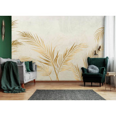 Een fotobehang met gouden bladeren op een betonnen achtergrond, passend in een woonkamer.