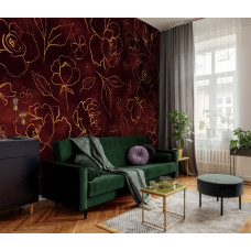 Een schilderij-stijl fotobehang van gouden bloemen en bladeren te zien in de huiskamer.