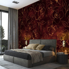 Een schilderij-stijl fotobehang van gouden bloemen en bladeren te zien in de slaapkamer.