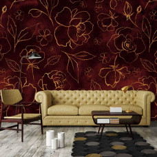 Een schilderij-stijl fotobehang van gouden bloemen en bladeren te zien in de woonkamer.