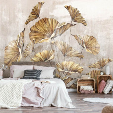 Een fotobehang van gouden bloemen op een betonnen muur met schildering van kunstplanten in de slaapkamer.