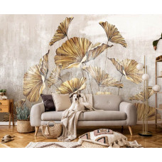 Een fotobehang van gouden bloemen op een betonnen muur met schildering van kunstplanten in de woonkamer.