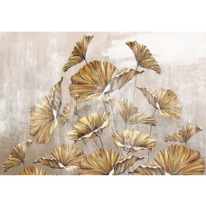 Gouden bloemen op een betonnen muur, kunstzinnig afgebeeld in een combinatie van planten en bloemen op dit fotobehang.