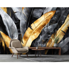 Fotobehang met junglebladeren en gouden accenten, die samen een luxe en exotische uitstraling creëren in een bedrijfsruimte.