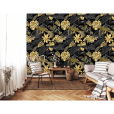 Een fotobehang met gouden bladeren en een jungle-inspiratie, ideaal voor een huiskamer.