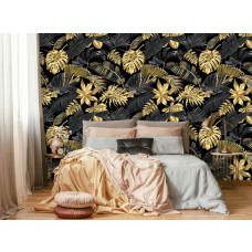 Een fotobehang met botanische bladeren in een gouden kleurstelling, geschikt voor een slaapkamer.