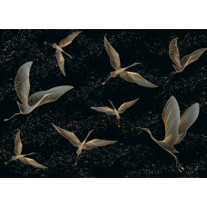 Een fotobehang met gouden kraanvogels, waarin sierlijke vogels met goudaccenten zweven tegen een subtiele achtergrond voor een luxe en harmonieuze uitstraling.