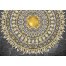 Gouden mandala op een grijze achtergrond, weergegeven in een artistiek fotobehang met verfijning.