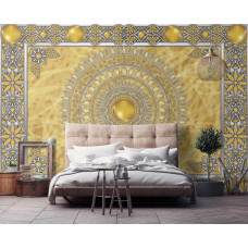 Een fotobehang van een Tibetaanse gouden mandala in een boeddhistische kunststijl.