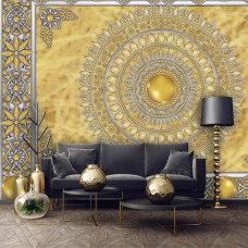 Een fotobehang met een gouden mandala in een abstracte stijl voor de woonkamer.