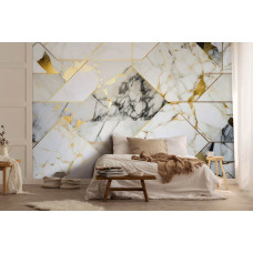 Een fotobehang van een gouden marmer geometrie abstract ontwerp in een slaapkamer met een moderne sfeer.