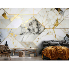 Een fotobehang van een gouden marmer geometrie abstract ontwerp op vliesbehang in een slaapkamer met elegante tinten.