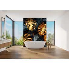 Fotobehang met goudkleurige monstera bladeren en jungle stijl in de badkamer.