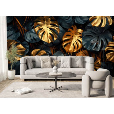 Fotobehang met botanische jungle en gouden monstera bladeren in de huiskamer.