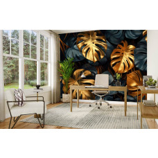 Fotobehang met botanische jungle en goudaccenten toegepast in een kantoor.