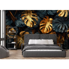 Fotobehang gouden monstera bladeren in jungle stijl in de slaapkamer.