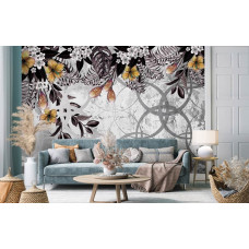 Een sierlijk fotobehang van gouden planten op een betonnen muur te zien in de huiskamer.