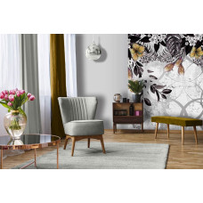Een sierlijk fotobehang van gouden planten op een betonnen muur te zien in de slaapkamer en woonkamer.