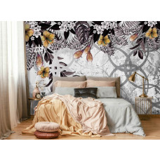 Een sierlijk fotobehang van gouden planten op een betonnen muur te zien in de slaapkamer.