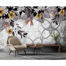 Een sierlijk fotobehang van gouden planten op een betonnen muur te zien in de woonkamer.