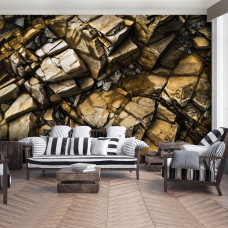 Een fotobehang met gouden rotsen en stenen voor de huiskamer.