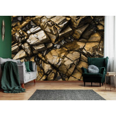 Een fotobehang met gouden rotsen en stenen voor de woonkamer.