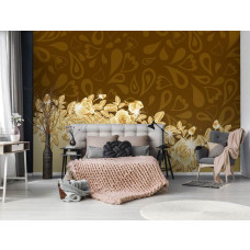Een fotobehang van gouden rozen met abstracte kunstbloemen.