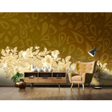 Een fotobehang van gouden rozen met bloemendetails in een abstract patroon voor de woonkamer.