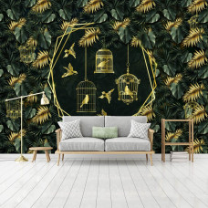 Een fotobehang met gouden vogels in de jungle met bladeren en vogelkooien voor de huiskamer.