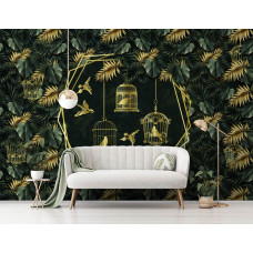 Een fotobehang met gouden vogels in de jungle met bladeren en vogelkooien voor de woonkamer.