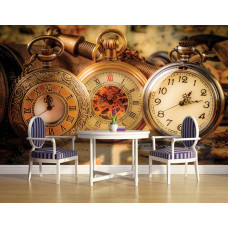 Een fotobehang met een retro-uitstraling van gouden zakhorloges en een klok in een keuken.