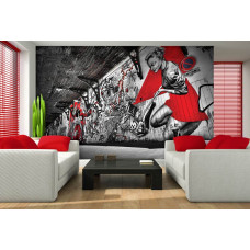 Een fotobehang met graffiti in moderne kunststijl, geschikt voor de woonkamer.