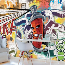 Fotobehang van graffiti met spuitbus en abstract kunstwerk op vliesbehang, ideaal voor kinderkamer en kantoor.
