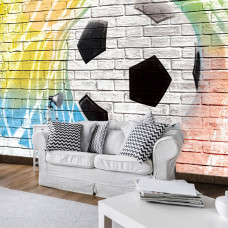 Fotobehang van een graffiti kunstwerk met voetbaldoel, geschikt voor woonkamer.
