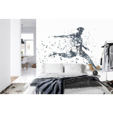 Een fotobehang met een grafische weergave van een voetballer in actie in een slaapkamer.