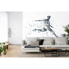 Een fotobehang met een grafische weergave van een voetballer in actie in een woonkamer.