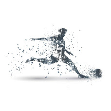 Grafisch fotobehang van een voetballer in actie, weergegeven met gedurfde lijnen en vormen die de beweging van het spel benadrukken.