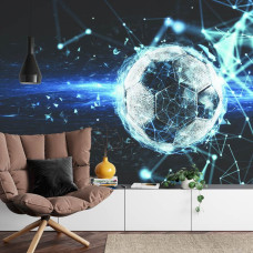 Een fotobehang met een grafische 3D-weergave van voetbalpassie in een woonkamer.