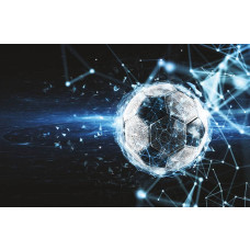 3D-fotobehang met een grafische weergave van een voetbal in actie, waarbij de bal snelheid en kracht uitstraalt.