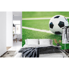 Een fotobehang met een serene grasveldscčne tijdens een voetbalavontuur in een slaapkamer.