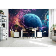Een fotobehang van de Great Galaxy met sterren, planeten en het universum in de ruimte en het heelal in een gamekamer met een futuristisch thema.