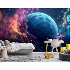 Een fotobehang van de Great Galaxy met sterren, planeten en het universum in de ruimte en het heelal in een jongenskamer met sterrenbeelden.