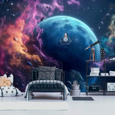Een fotobehang van de Great Galaxy met sterren, planeten en het universum in de ruimte en het heelal in een kinderkamer met een futuristisch design.