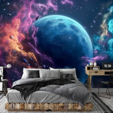 Een fotobehang van de Great Galaxy met sterren, planeten en het universum in de ruimte en het heelal in een slaapkamer, met een magische sfeer.